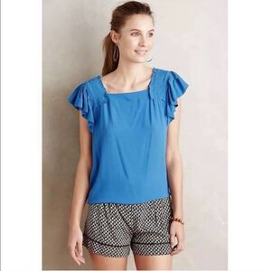 Maeve Anthro Flutter Sleeve Top Size 12 Blue Epaulet